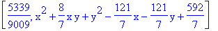 [5339/9009, x^2+8/7*x*y+y^2-121/7*x-121/7*y+592/7]
